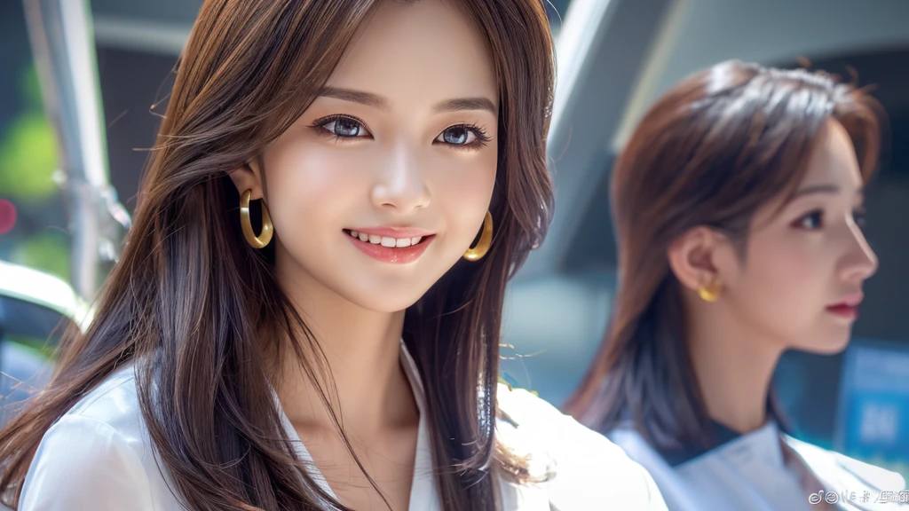 one person、female newscaster、young、beautiful、Female announcer、Shaped face contour、Long Hair、Brown Hair、Fine iris、elegant、Sexy face、Glowing Skin、Juicy lips、An open, seductive smile、Thick eyelasheodel Body Type、Earrings、blush、suit、Tight mini skirt、Perfect lighting、Perfect Shadow、Perfect Anatomy(((masterpiece))), ((highest quality)), ((Super detailed)), (CG illustration), (Very wicked and beautiful)), (Cute Desktop Face)