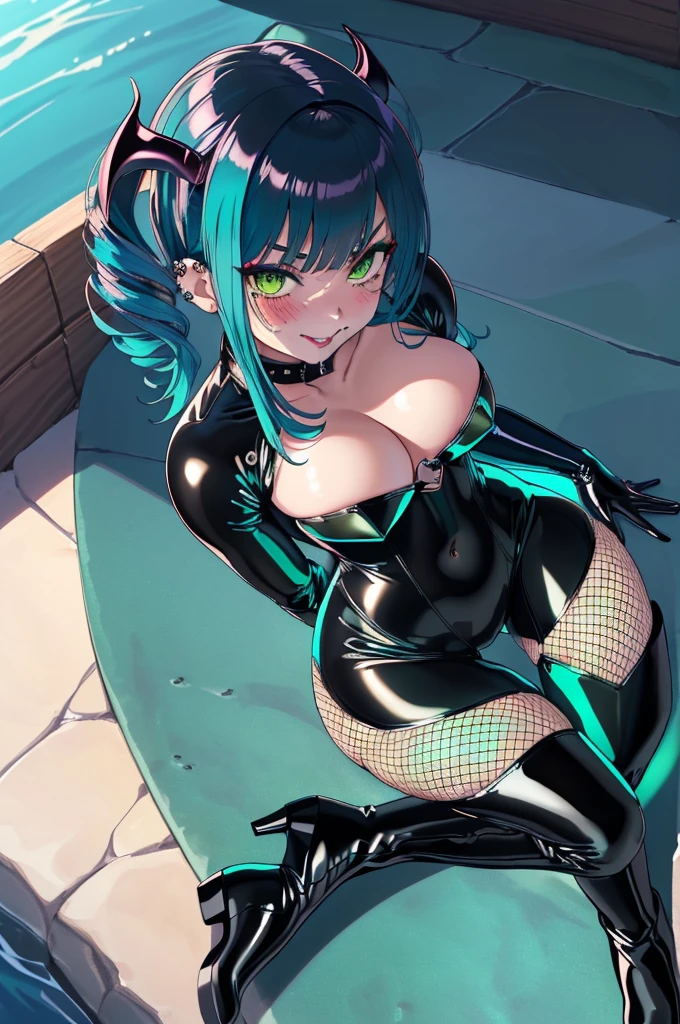 NSFW, 1Woman, ((best quality)), ((masterpiece)), (detailed), beautiful face, (defiance512:1.2), (((sexy latex outfit))), (((bangs hairstyle))), (((succubus))), (((black latex fishnet clothing))), (((long black latex gloves))), (((stomping with boots pose))), (((high leather boots))), big green eyes, ((blush cheeks)), (((evil smile expression))), (((nose ring))), (((dark eyeshadow))), (((lip piercing))), (((turquoise coloured hair))), (((medium length hairstyle))), (((bright glowing hypnotic green eyes))), intense seductive gaze, contrasting soft skin, (lighting:1.2), 4:3 aspect ratio, (((camera looking up at boot))), medium size concealed 