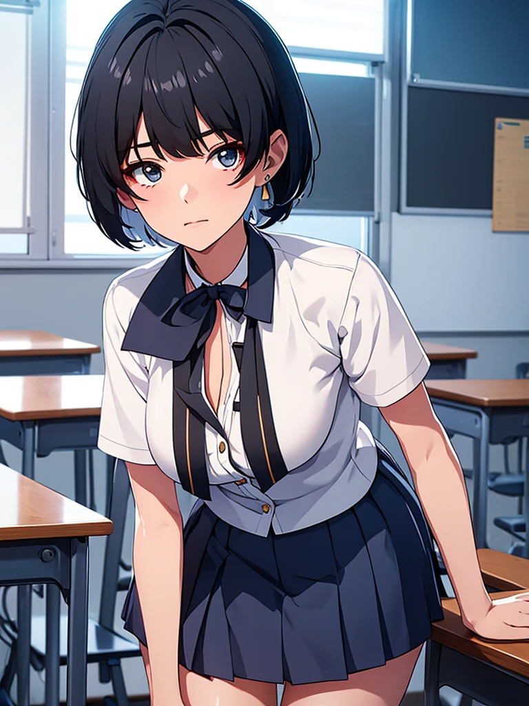 1girl, wearing a Japanese highschool girl uniform, white shirt and blue skirt, at a classroom , black short hair, 8k, high detailed, high quality
