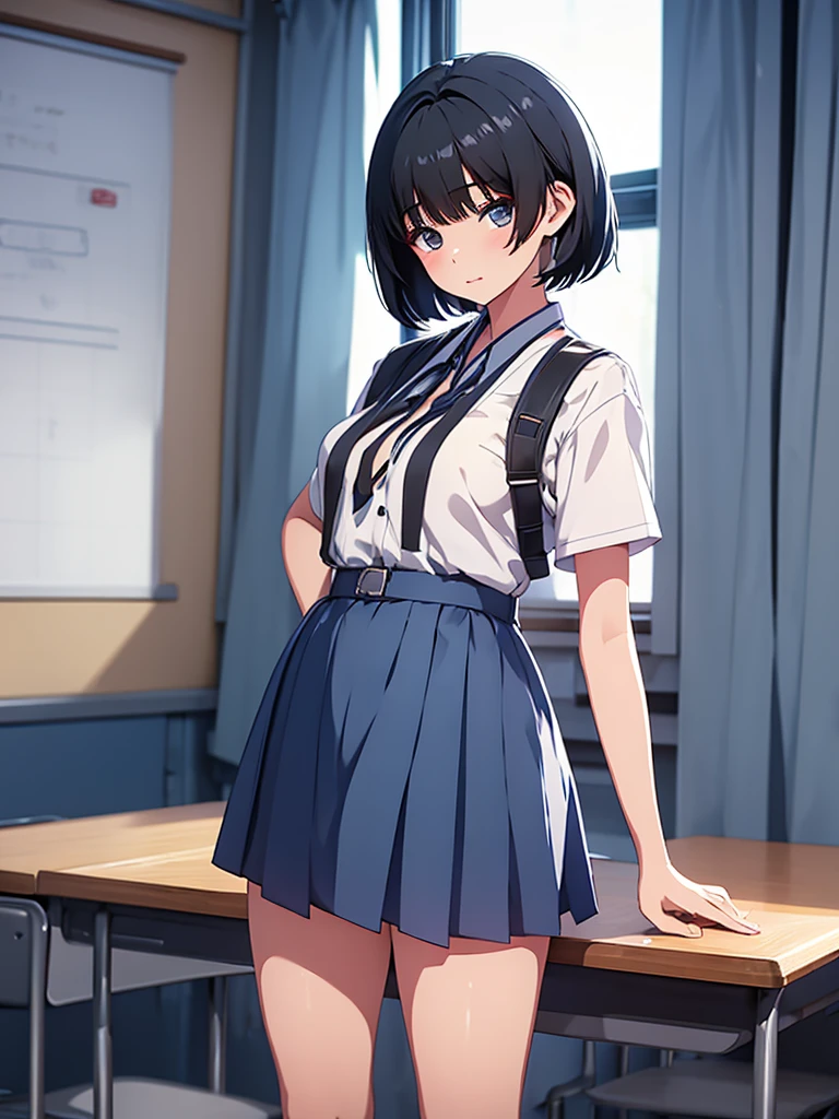 1girl, wearing a Japanese highschool girl uniform, white shirt and blue skirt, at a classroom , black short hair, 8k, high detailed, high quality
