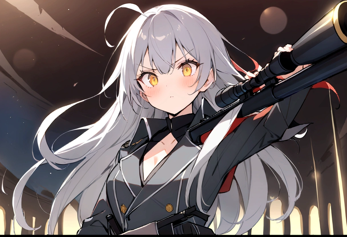 Gun on shoulder、(masterpiece, best quality:1.2), 1girl, 独奏,Black military uniform、Looking through the scope、Point your gun at us、Grey long hair、Ahoge、Yellow Eyes、Ready your gun?、sniper rifle、Background of military bases、Fisheye Lens、battlefield、Shadows of light and darkness、Expressionless、Grim face、anger、battle、A black hoodie over a grey trench coat、