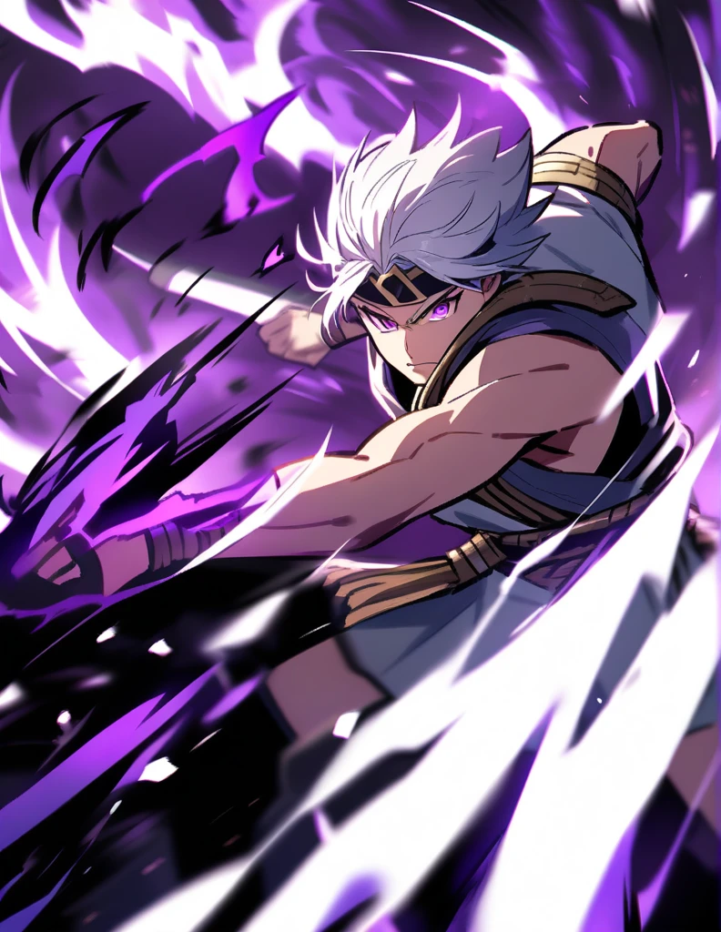 young Greek warrior with shoulder-length long white hair, violet eyes, one of his arms with purple flames and going on the attack in fury