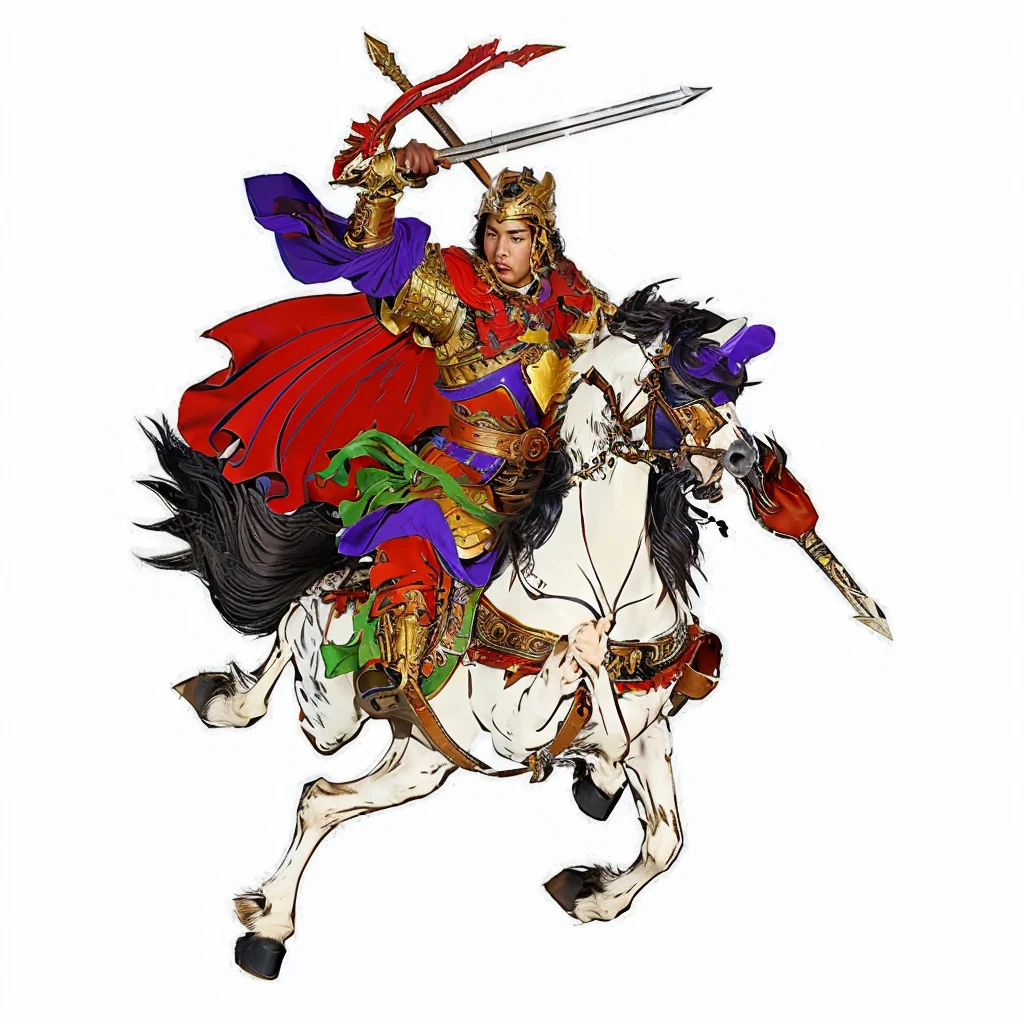 an ancient chinese young warrior, wearing gold color armour, riding a horse, holding a word and a spear, red cape, purple robe