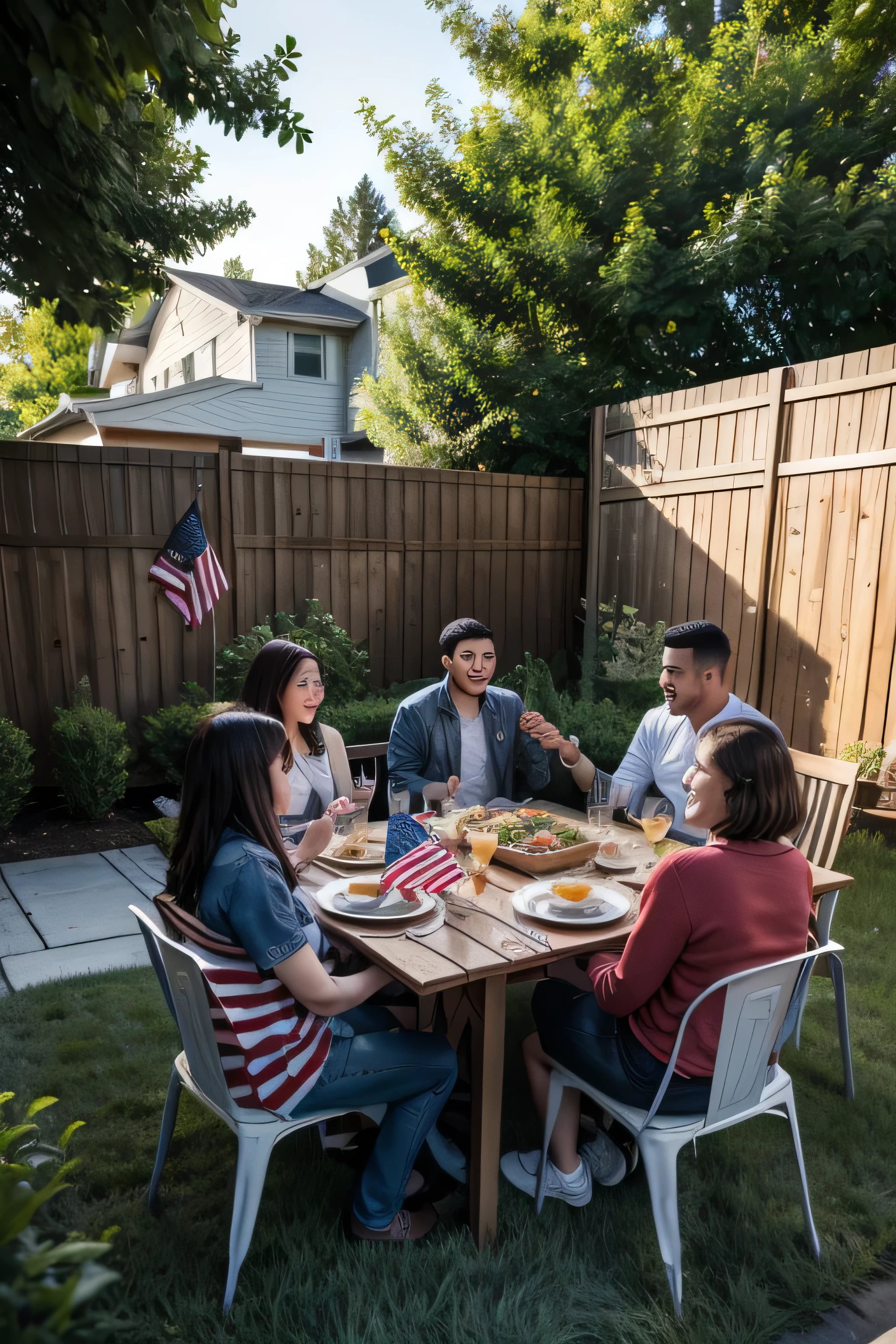 several people of different ages and ethnicities, all with happy expressions. They are Americans and they are in the backyard of a standard middle-class house. People are eating and socializing, enjoying a meal outdoors. In the background, include American flags to add a patriotic touch to the scene. The artwork should be realistic and cinematic, capturing the details of the facial expressions, the joy of the group and the warm, dynamic atmosphere of the backyard.