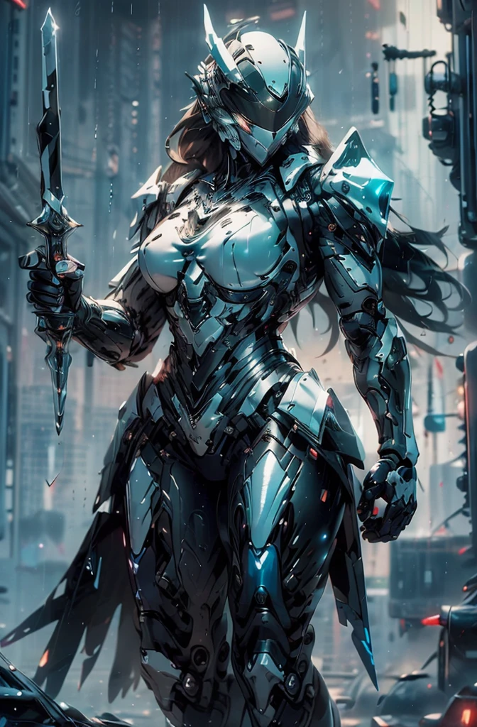 Masterpiece, best quality, highly detailed, cyborg women, sexy cyborg women, elegant cyborg, ((black and blue) cyborg), Mechanical body and helmets, horns, black visor, slim waist, wide hips, thick thighs, athletic, proportional body, (waist cape), sword, ((black and blue color scheme:1.2)), (8K), Wallpaper, UHD, HDR, intricate details, complex design, ultra detailed, hyper realistic, lifelike, realistic texture, smooth texture, shadows, dynamic lighting, (City at night), standing in rain, Beautiful scenery, Magical Atmosphere, Melancholic, Light Rain, Crystal particles