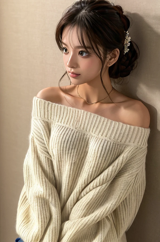 ((Highest quality)), ((masterpiece)), (detailed), One girl, Off-the-shoulder sweater, 