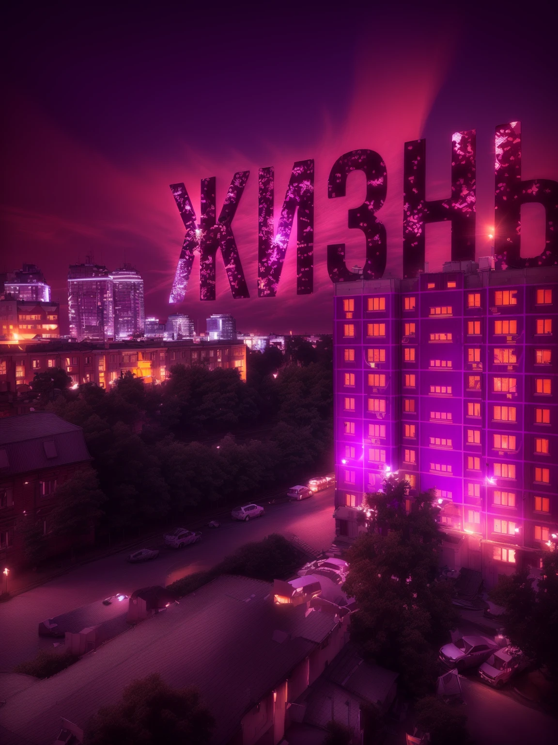 purple letters on a building against the background of the city, in the style of Kirill Kotashev, Superimposed Cyrillic words, Khreshchatyk, Russian city, night!, 000 - wikipedia, 🪔 🎨;🌞🌄, photo taken at night