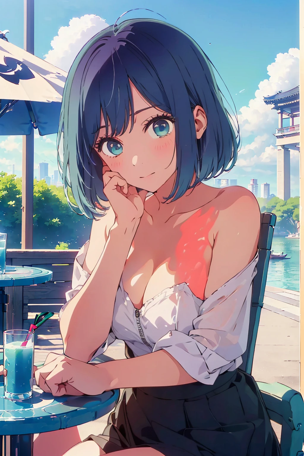 (Highest quality:1.4、8K:1.4、detailed)、F cup bust、Big Breasts、Slim body、Very white beautiful skin、((((1 person、Surprised expression、sit、Chair、In the background are the urban buildings of Tokyo、looking at the camera、Outdoor café terrace、Navy hair color、juice、Shooting up close、Shooting from an angle、table、Very cute face))))、((((nude、Areola))))、(Hand touching cheek pose:1.4、Cheek resting on hand:1.4)、Beautiful nipples、Off-the-shoulder blouson、Black blouson with zipper、Very blue sky、A completely cloudless sky