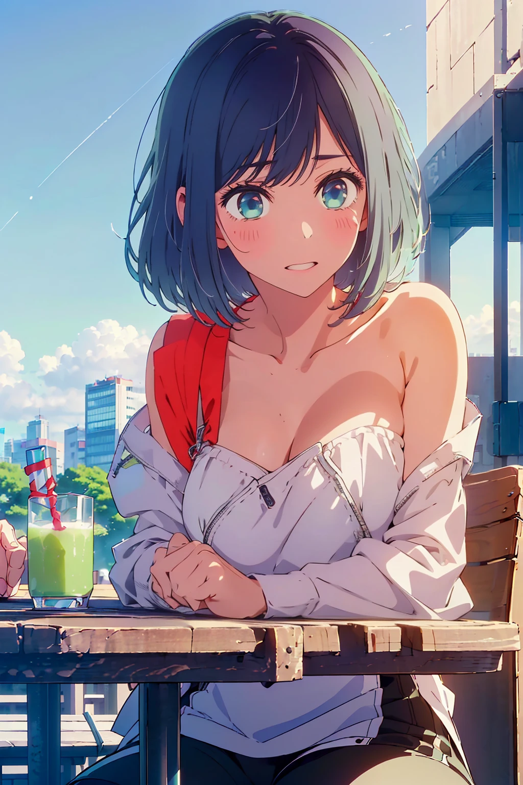 (Highest quality:1.4、8K:1.4、detailed)、F cup bust、Big Breasts、Slim body、Very white beautiful skin、((((1 person、Surprised expression、sit、Chair、In the background are the urban buildings of Tokyo、looking at the camera、Outdoor café terrace、Navy hair color、juice、Shooting up close、Shooting from an angle、table、Very cute face))))、((((nude、Areola))))、(Hand touching cheek pose:1.4、Cheek resting on hand:1.4)、Beautiful nipples、Off-the-shoulder blouson、Black blouson with zipper、Very blue sky、A completely cloudless sky