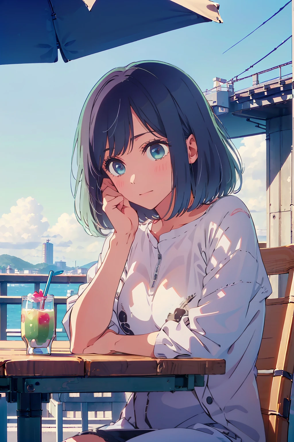 (Highest quality:1.4、8K:1.4、detailed)、F cup bust、Big Breasts、Slim body、Very white beautiful skin、((((1 person、Surprised expression、sit、Chair、In the background are the urban buildings of Tokyo、looking at the camera、Outdoor café terrace、Navy hair color、juice、Shooting up close、Shooting from an angle、table、Very cute face))))、((((nude、Areola))))、(Hand touching cheek pose:1.4、Cheek resting on hand:1.4)、Beautiful nipples、Off-the-shoulder blouson、Black blouson with zipper、Very blue sky、A completely cloudless sky