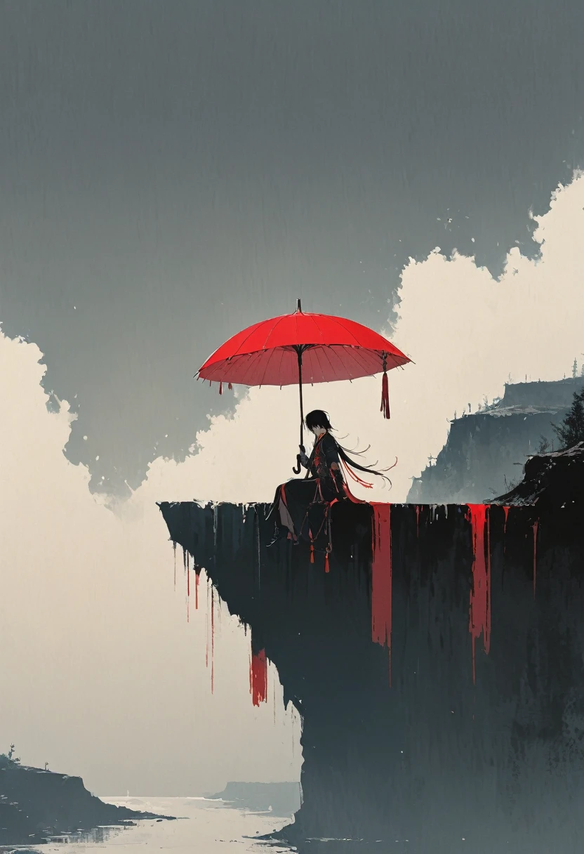 A simple one,Minimalist illustration, 1 red umbrella hanging in the air,(((Tassels on umbrellas))),On the edge of a cliff,bridge