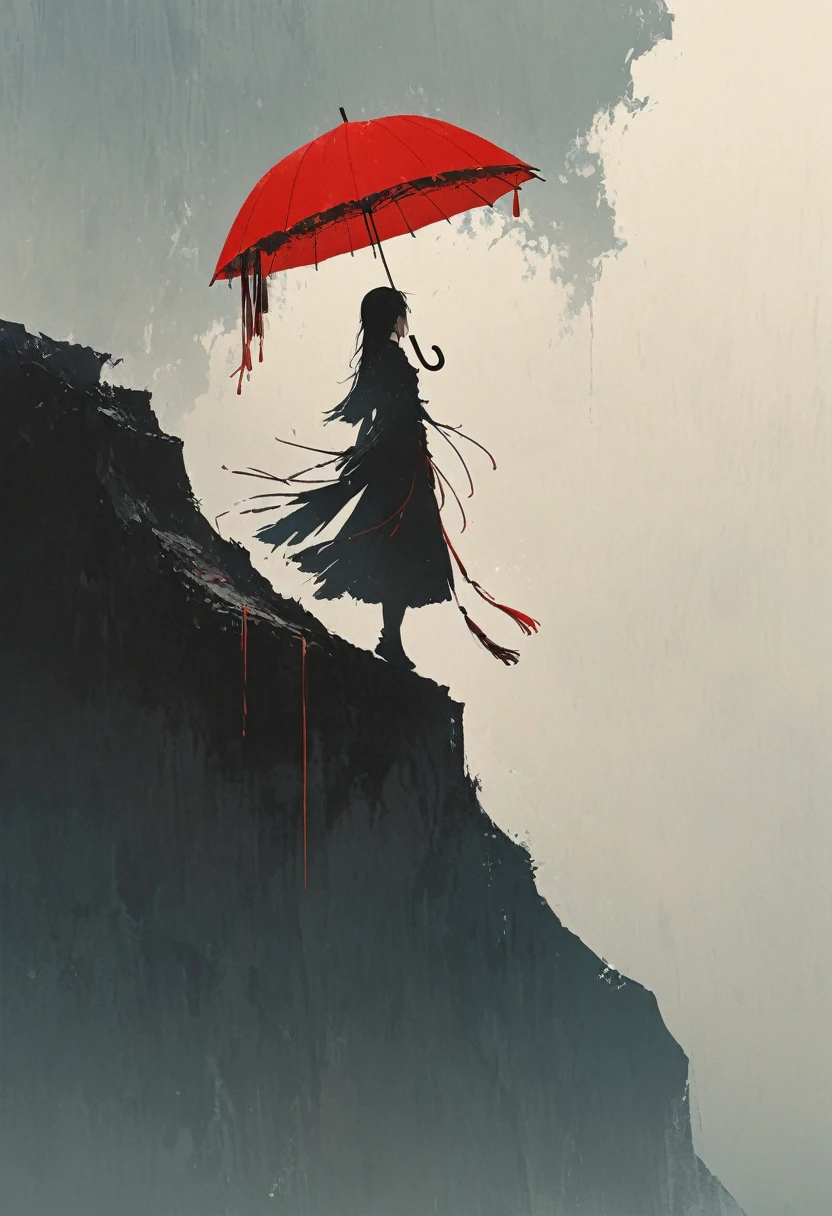 A simple one,Minimalist illustration, 1 red umbrella hanging in the air,(((Tassels on umbrellas))),On the edge of a cliff,bridge