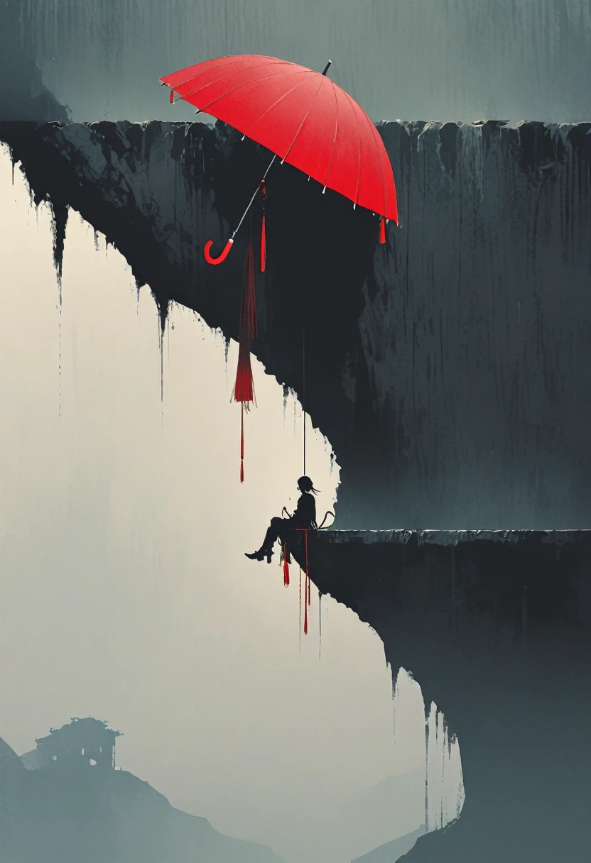 A simple one,Minimalist illustration, 1 red umbrella hanging in the air,(((Tassels on umbrellas))),On the edge of a cliff,bridge