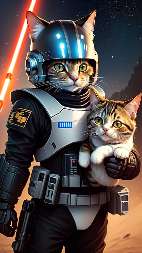 Cartoon cat in a Star Wars costume with a helmet, Cat Warrior, Brian Kessinger, Star Wars Characters, Cute and detailed digital art, society!, society ), Star Wars Art, Cyborg Cat, Star Wars Digital Art, police officer, [ trending on society ]!!, Armored Cat, Cute and detailed artwork, World Boss Kitten,whole body