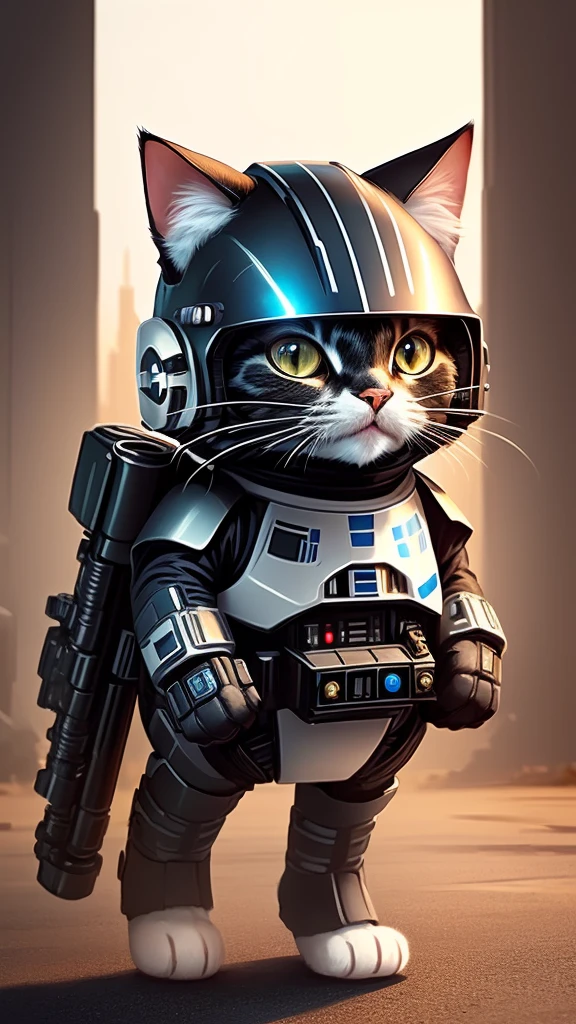Cartoon cat in a Star Wars costume with a helmet, Cat Warrior, Brian Kessinger, Star Wars Characters, Cute and detailed digital art, society!, society ), Star Wars Art, Cyborg Cat, Star Wars Digital Art, police officer, [ trending on society ]!!, Armored Cat, Cute and detailed artwork, World Boss Kitten,whole body