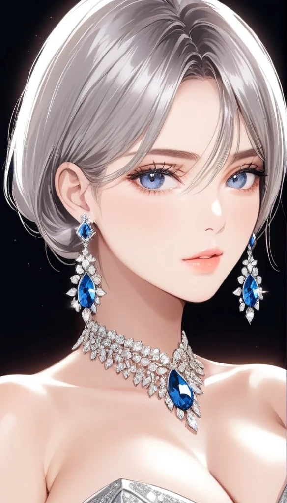 (masterpiece, best quality), intricate details, , a beautiful woman wearing earrings, inspired by Emma Andijewska, draped in crystals, silver color, long earrings, sandra chevier, huge earrings, 2019, blue-eyed, platinum jewellery, earring, flawless structure, silver earring,  big breasts 