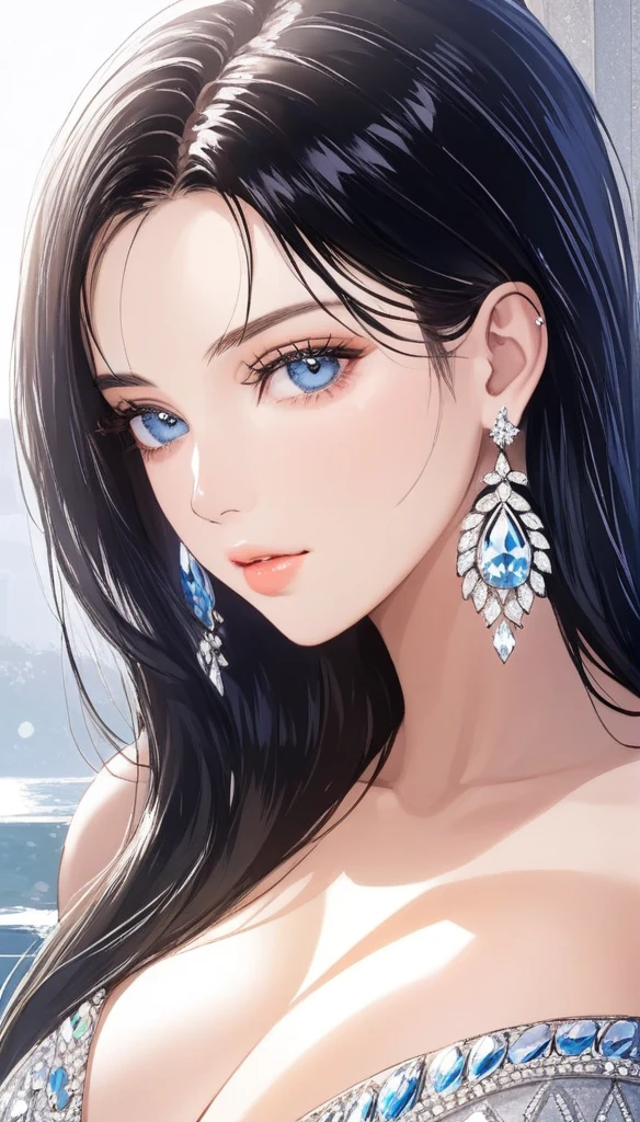 (masterpiece, best quality), intricate details, , a beautiful woman wearing earrings, inspired by Emma Andijewska, draped in crystals, silver color, long earrings, sandra chevier, huge earrings, 2019, blue-eyed, platinum jewellery, earring, flawless structure, silver earring, big breasts