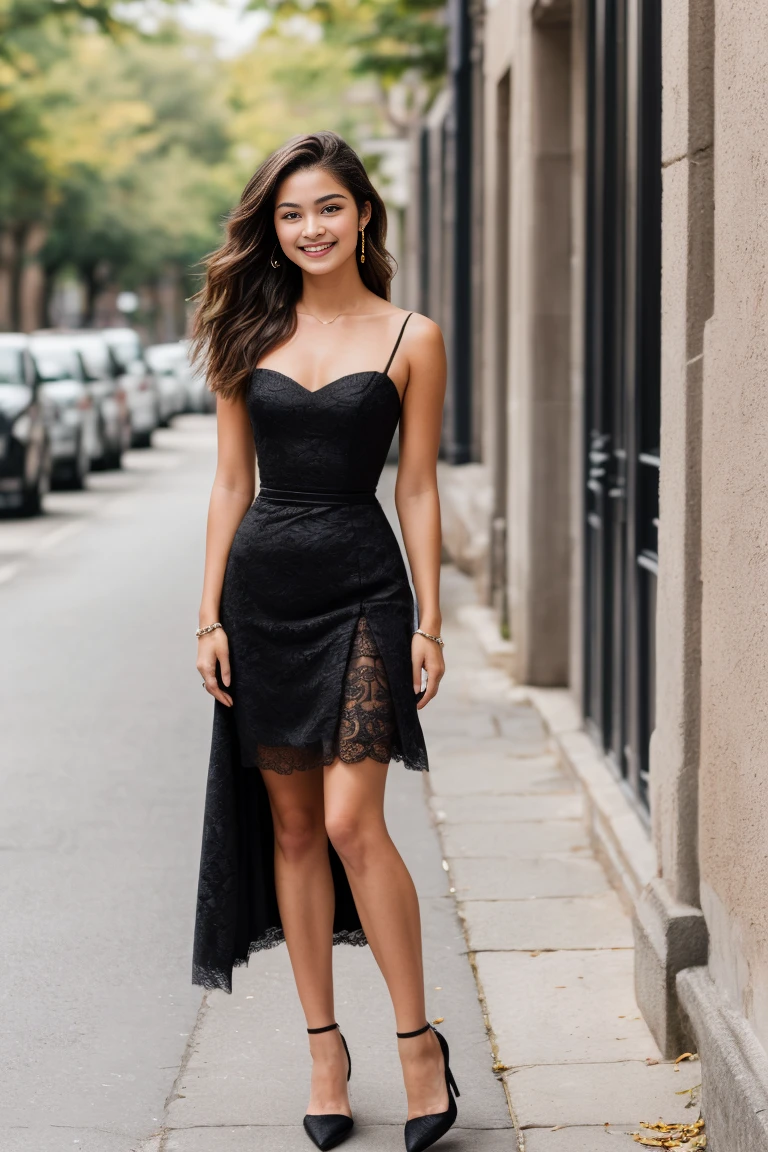 A high-resolution portrait captures the essence of an 18-year-old European woman. She stands confidently on a bustling street, dressed in a stunning black dress that accentuates her curves, matched with black stockings and elegant high heels. Her natural straight blonde hair falls gracefully around her shoulders, complementing her brown eyes. The scene is detailed with vibrant textures and colors, highlighting her allure against the urban backdrop. Shot with a Fujifilm XT3, the image ensures sharp focus and clear detail, capturing her radiant smile as she confidently meets the camera's gaze. Full body shot.