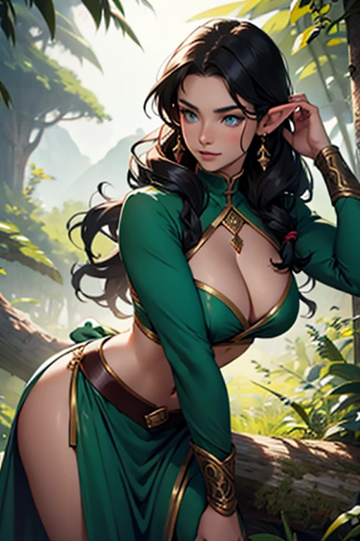 1 female elf, curly longhair,black hair, pointy ears,blue colored eyes, thin pink lips, Round face, huge breasts with cleavage, wearing short green archer outfit, wide hip,leaning against a tree looking directly at the viewer, romantic scene,details on the face