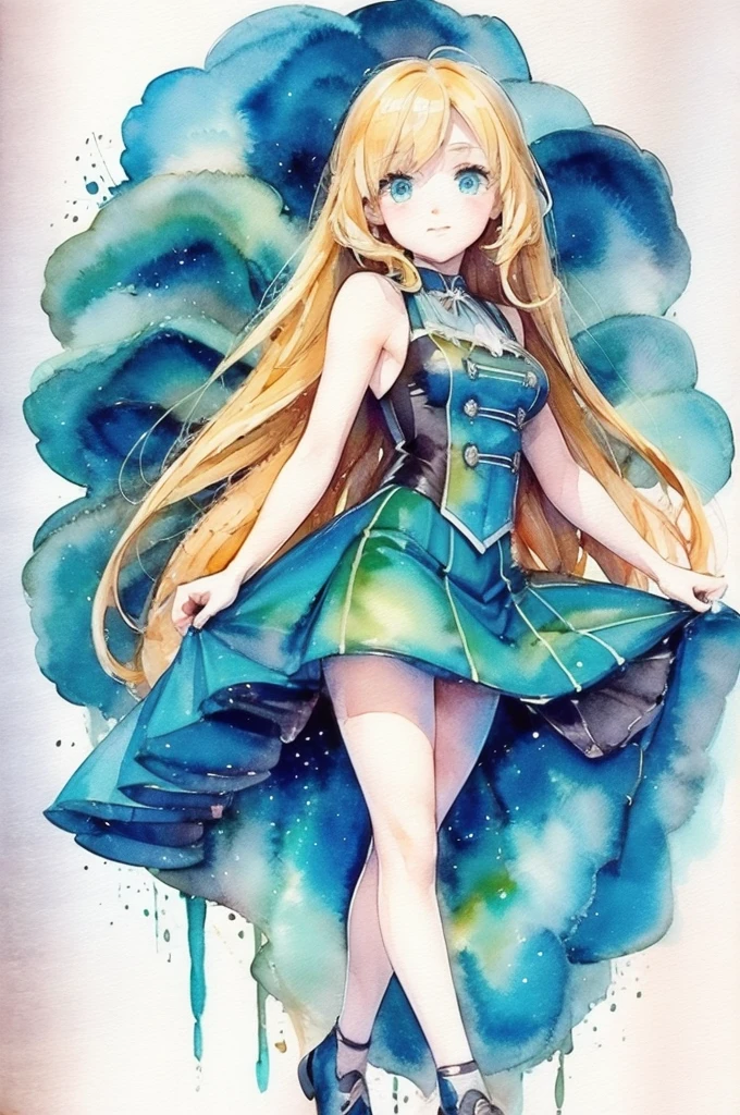 Irish Dance、Irish Danceを踊る少女、Northern Irish national costume、Black tights、Long, slender legs、Blonde Long Hair、watercolor画スタイル、watercolor、Gradient color sea background、Debris、Highest quality、Ultra-high resolution、Golden Ratio