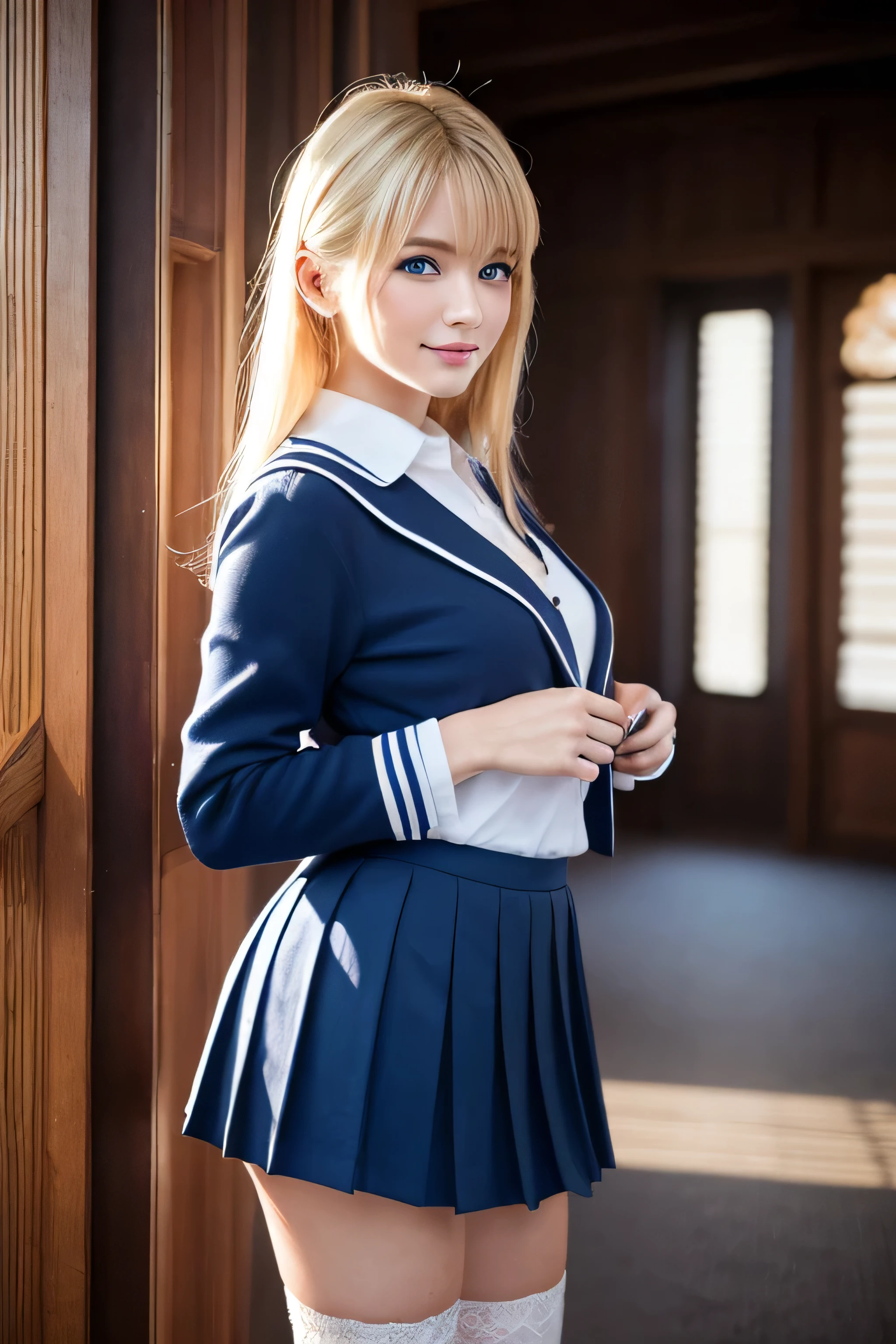 8K,Bushy blonde adult woman,so beautiful(Like the real thing), Big smile, elegant, Long nails, Hairstyle, Beautiful expression,blue eyes, Messy, I am proud, absurdes, Elegant dress,Cowboy Shot, Portraiture, (Highest quality), (Tabletop), (Very detailed), masterpiece,Highest quality photorealistic RAW photos。Backlight, Cinema Lighting, Film Grain, to be born, 50MM lens, Nikon D850,Ultra-Realistic Skin,Fantasy art,Character Art,Ultra-high resolution,Perfect hands,Compensate、full figure supermodel standing, entire body in frame、wearing student clothes、Long sleeve sailor suit worn by Japan 、blue cuffs、Dark blue mini pleated skirt, white socks、Black loafers