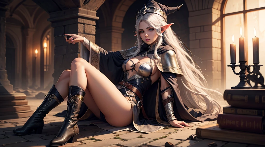 medieval setting, full view of body, 1 female elf mage,beatiful smokey eyes, silver hair, black mage robe with gambeson, wizard hat, leather boots