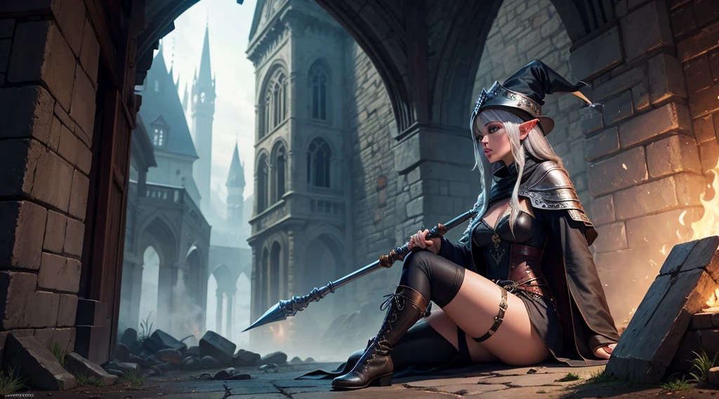 medieval setting, full view of body, 1 female elf mage,beatiful smokey eyes, silver hair, black mage robe with gambeson, wizard hat, leather boots