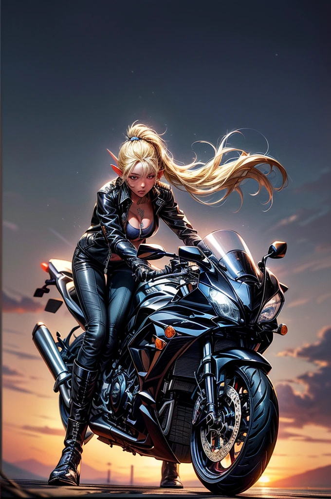 Super detailed,(((masterpiece))),(((highest quality))),(riding on motorcycle:1.3),(cute face,beautiful face:1.3),((blonde side ponytail long hair:1.5)),(Redeye:0.6),(pointed ears,black skin ,oil skin:1.5)(huge breasts:1.2),(model:1.1),(tattoo),(black ZZR),(natural makeup),(shiny clothes,shiny body,shiny feet),(ecstasy:1.3),(five fingers),((riders jacket,Tank top,half pants,Rider Boots,Thimble glove 1.5))), (shiny clothes:0.8),(tattoo:1.1),(vapor,Sweat:1.1),cowboy shot, (blush:0.9),((perfect hands:1.1)),(Award-winning work),(Riding a motorcycle and pulling out a Japanese sword from its sheath,One Japan sword:1.1),(samurai long sword:1.1),