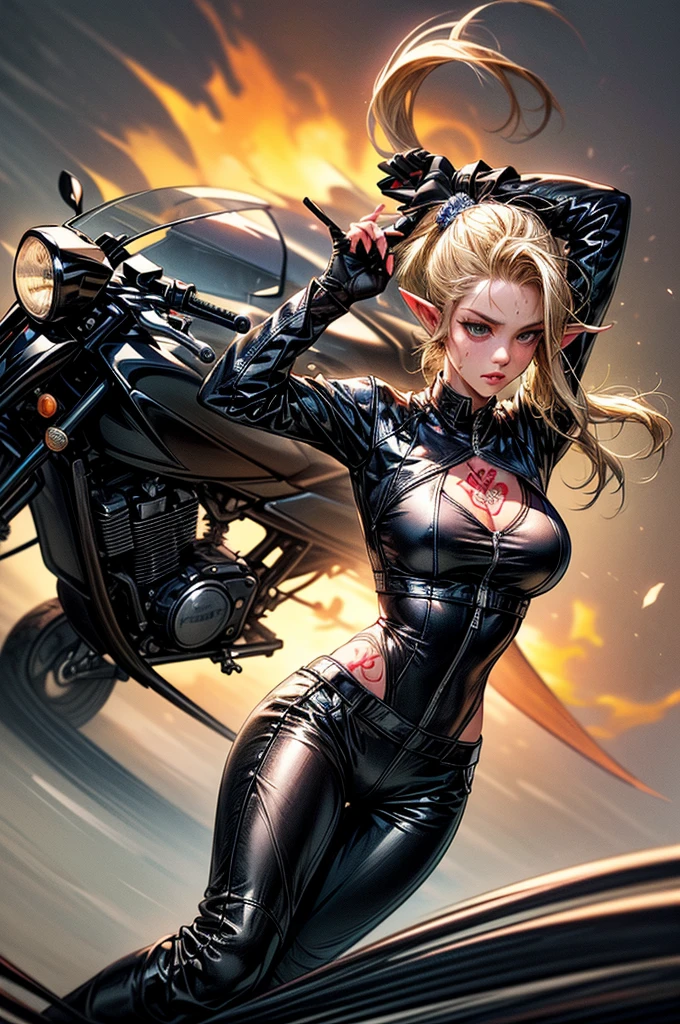 Pamela Anderson in a black leather dress posing for a picture, pamela anderson, in a leather corset, black leather bra, wearing leather swim suite, leather top, skintight leather clothes, sultry smirk, leather,, wearing leather bikini), dressed in biker leather,