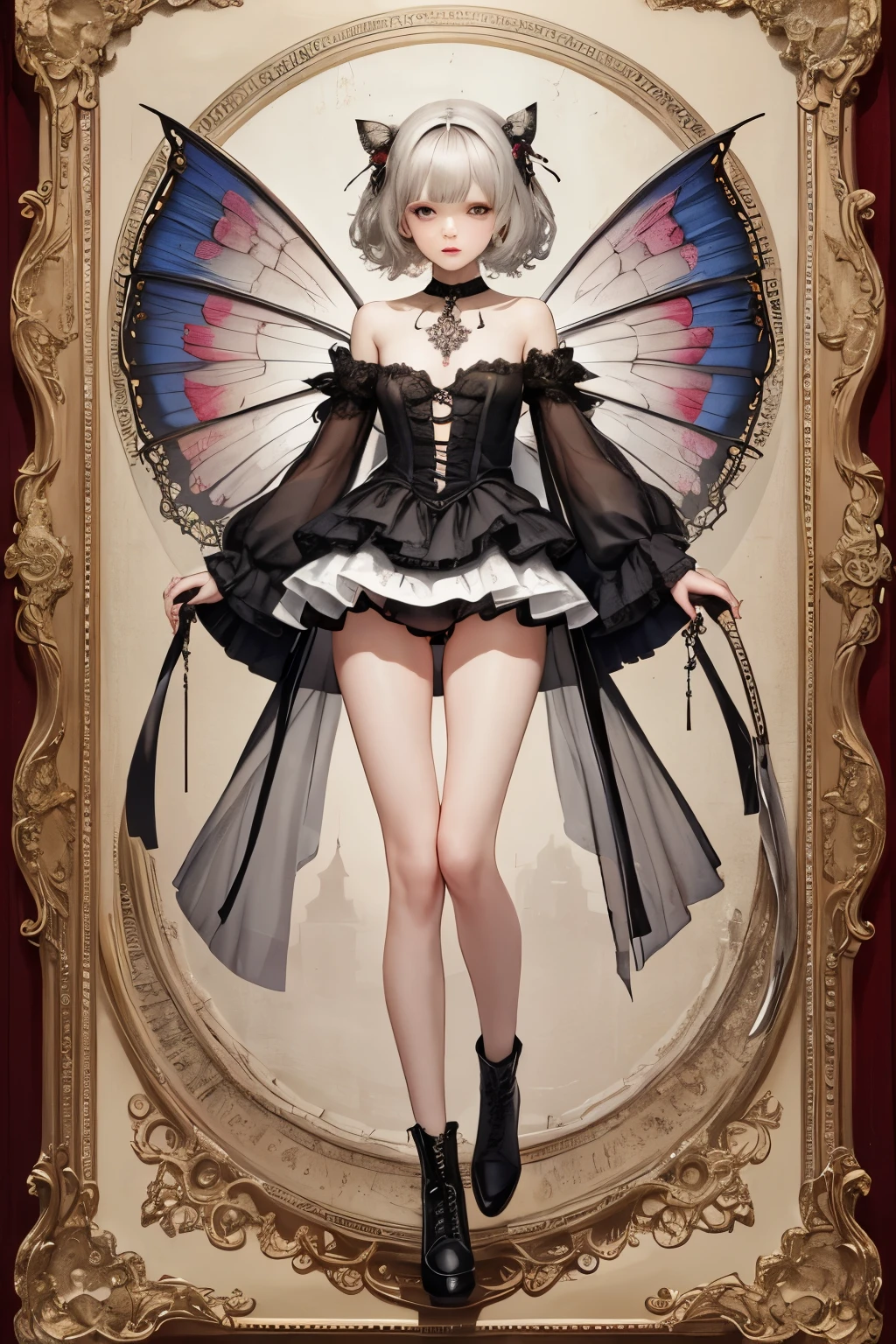  ((best quality)), ((masterpiece)), (detailed), a heavenly female knight, imposing, biblical, NSFW, long white grey hair, grey white eyes, very skinny, detailed, best quality, prominent collarbones, skinny arms, flat stomach, visible hip bones, small breasts, full body, red and white clothing, occult aesthetic, occult, detailed and intricate steampunk and detailed gothic, NSFW, Fluttering lace flared long knee length dress with frilly petticoats, knee length dress, pleated petticoats, petticoats gothic, complex lace boots, gothic aesthetic, wielding a mighty sword with mechanical components, mandalas, small breasts, a fairy, various different types of insect wings, bug wings, beetle wings, NSFW, full body, whole body, body, chains, 