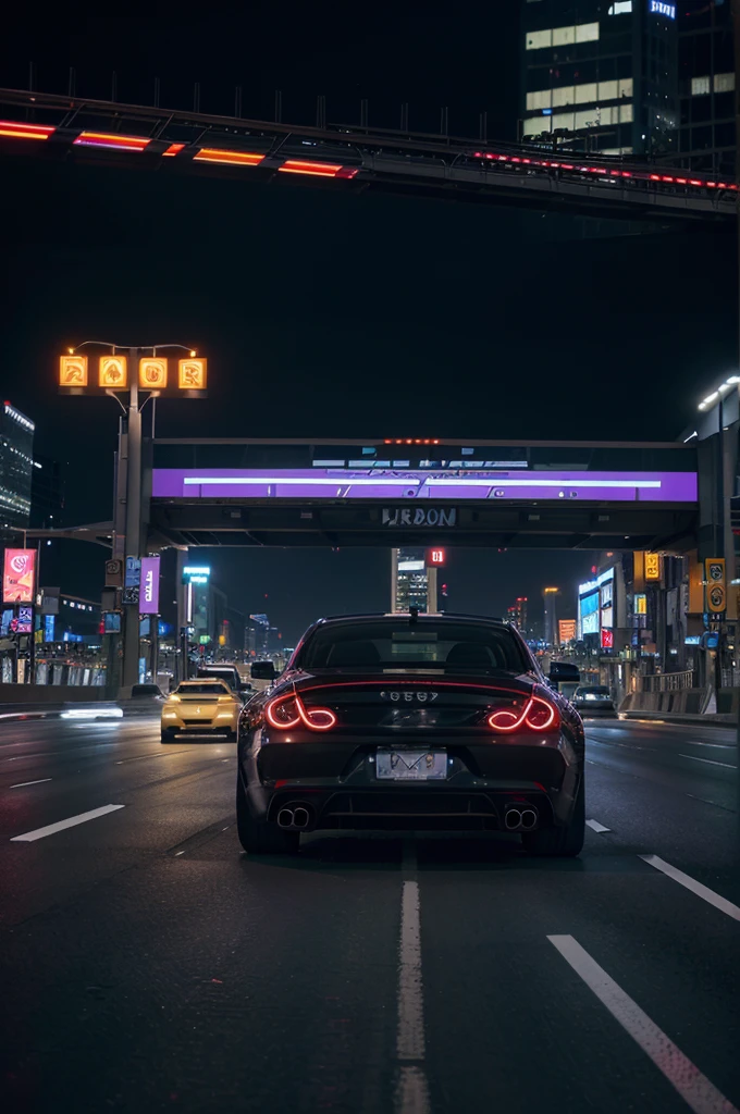 A sleek, high-performance car speeds through the bright lights of a bustling city at midnight, weaving through late-night traffic on a busy highway. The camera is mounted on the dash, capturing the thrill of the drive as neon billboards and towering skyscrapers zip by, casting a kaleidoscope of colors across the windshield.