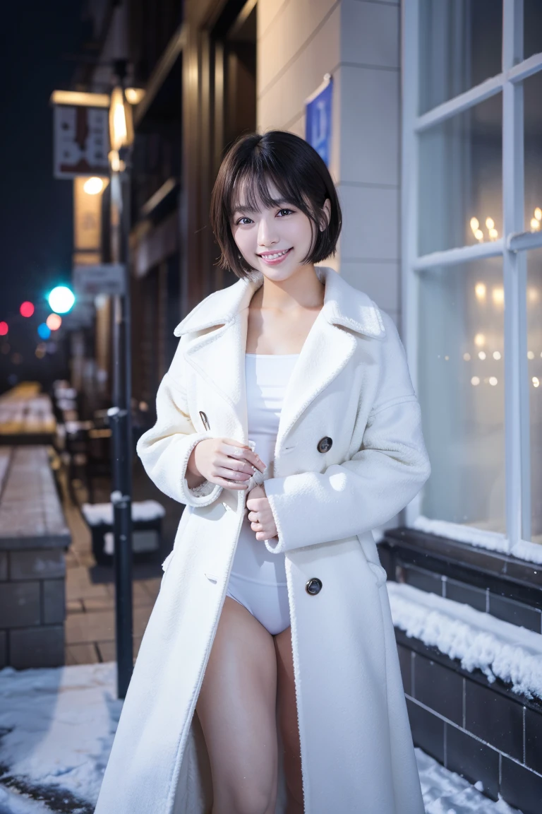 (Highest quality、masterpiece、8K、Best image quality、Hyperrealism、Award-winning works)、1 Girl、(The perfect heavyweight melton coat:1.2)、Soft indirect lighting、Soft and delicate light、Romantic lighting、Spectacular Cinema Lighting、Romantic snowy night city、Romantic illumination、(The most beautiful smile looks at me:1.1)、Diamond dust、(Tyndall effect:1.1)、Beautiful snowy scenery、(that&#39;it&#39;s snowing:1.1)、(あなたの髪にit&#39;s snowing:1.1)、Accurate anatomy、(Face close-up:1.3)、Beautiful Glossy Lipstick, Natural Color、Natural Makeup、Glossy Lips、Ultra HD glossy skin、ultra-high definition radiation, Beautiful Skin、潤いのあるBeautiful Skin、Beautiful, glowing skin、超高精細のGlossy Lips、Ultra-high definition sparkling eyes、(Beautiful perfect teeth in super high resolution:1.1)、(Please smile widely and show your beautiful teeth.:1.1)、(perfect beautiful teeth:1.1)
、Swimwear、short hair