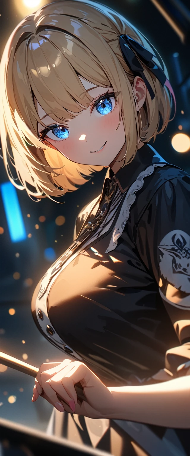 (((One girl))), Shibuya, blond hair, bob cut, (looking at viewer), big breasts, ager, head tilt:1.3, (((blue eye))), constricted pupils, (from side:1.3), ((happy smile)), gothic loli.3, hair ornament, hair ribbon, anime style, (best quality, 4k, 8k, highres, masterpiece:1.2, ultra-detailed, ultra-detailed eyes, HDR, UHD, studio lighting, ultra-fine painting, sharp focus, physically-based rendering, extreme detail description, professional, vivid colors, bokeh)