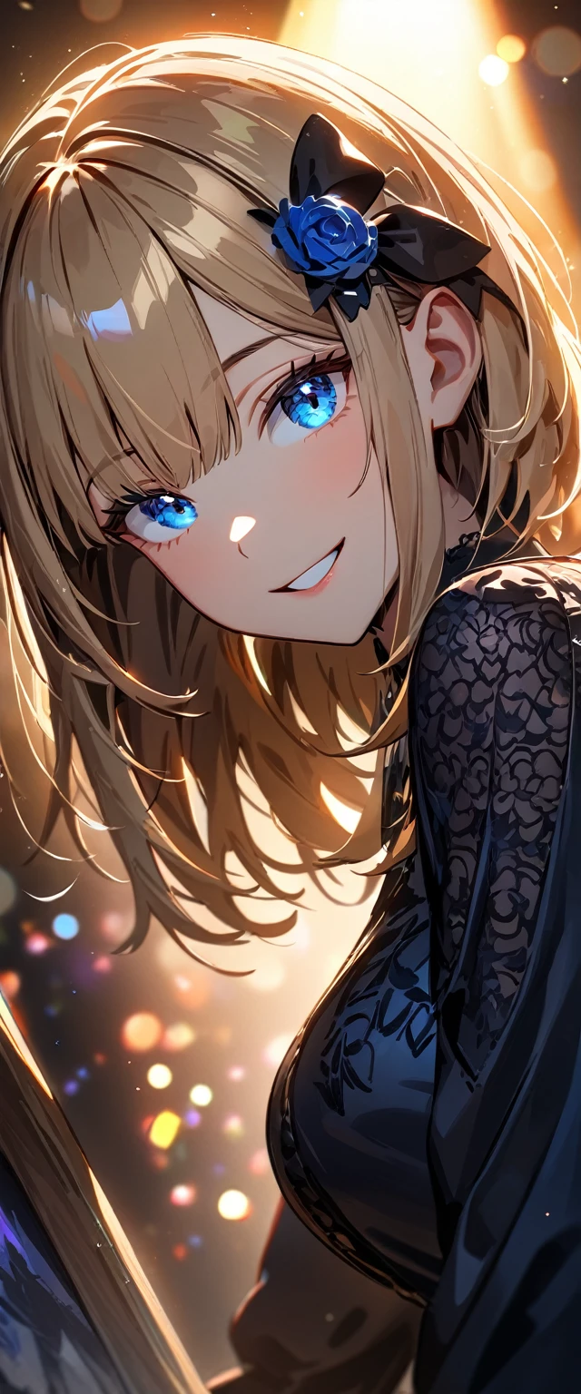 (((One girl))), Shibuya, blond hair, bob cut, (looking at viewer), big breasts, teenager, head tilt:1.3, (((blue eye))), constricted pupils, (from side:1.3), ((happy smile)), gothic lolita:1.3, hair ornament, hair ribbon, anime style, (best quality, 4k, 8k, highres, masterpiece:1.2, ultra-detailed, ultra-detailed eyes, HDR, UHD, studio lighting, ultra-fine painting, sharp focus, physically-based rendering, extreme detail description, professional, vivid colors, bokeh)