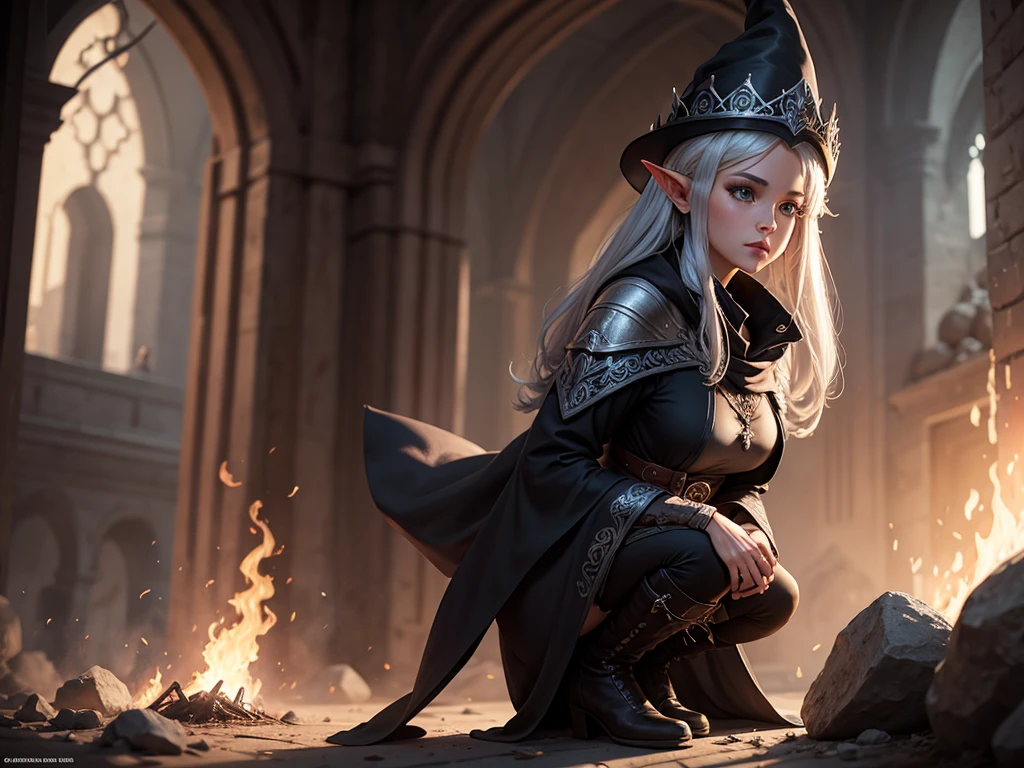 medieval setting, full view of body, 1 female elf mage,beatiful smokey eyes, silver hair, black mage robe with gambeson, wizard hat, leather boots