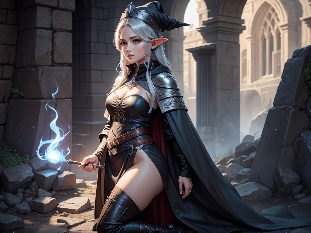 medieval setting, full view of body, 1 female elf mage,beatiful smokey eyes, silver hair, black mage robe with gambeson, wizard hat, leather boots