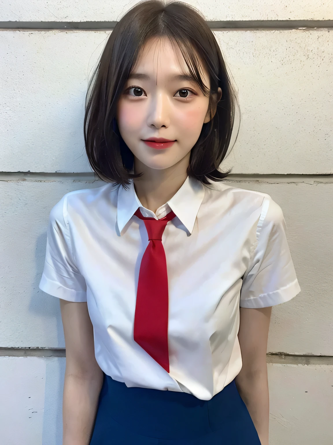 Japanese Girls、14-year-old girl、((Blonde))、Short Bob Cut、Earrings、bangs、Brown eyes、Perfect figure、Transparency、Gloss、Glamorous breasts、、Red tie、White shirt、Navy Blue Skirt、Hirotake、Burning body、Gravure idol pose、Blue Wall、Beautiful feet、Strong sunlight、dirty、雨にWet体、Wet,I can see your thighs、smile