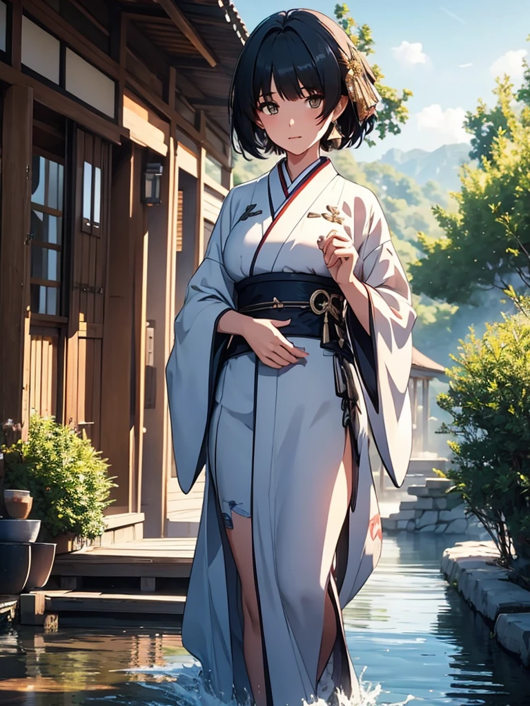 Female rover from wuthering waves, 1girl, wearing a beautiful long kimono, at a japan village, black short hair, 8k, high detailed, high quality
