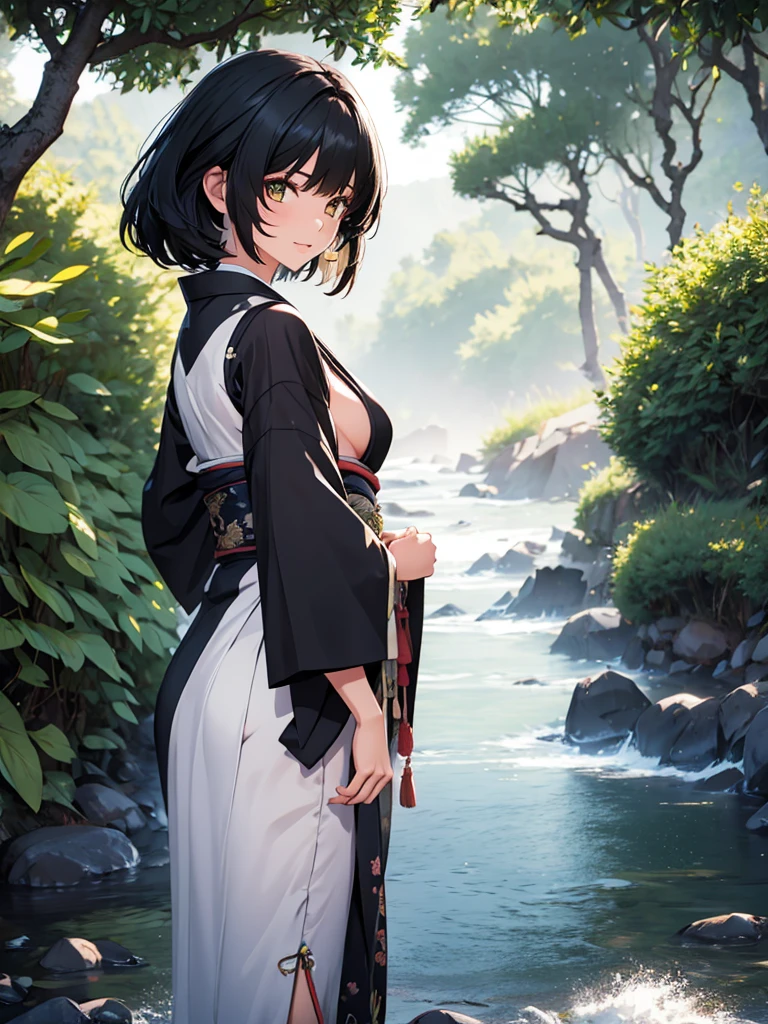 Female rover from wuthering waves, 1girl, wearing a beautiful long kimono, at a japan village, black short hair, 8k, high detailed, high quality