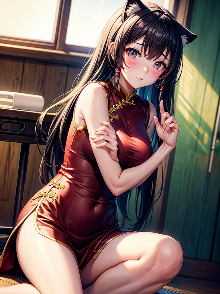 Anthropomorphic fox, man, thin, slim, green eyes, long smooth hair, black hair styled in a Chinese bun, dressed in Chinese dress, china dress, half stripped, sitting on the bed, seductive pose, spread my legs, lace panties, silk panties, bulge on panties, takes off the dress