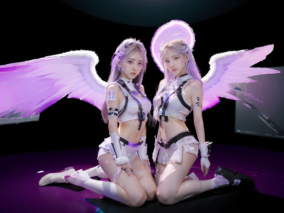 ((masterpiece, best quality, extremely detailed), volumetric lighting, ambient occlusion, colorful, glowing), 
((2girls)),  young girls, (purple white gradient long hair),  halo, aura, sacred, goddess, cyber suit, (white outfit:1.3), android, bot, angel wings,
outdoors, sunset, sky, clouds, space, (cyberpunk theme:1.2),