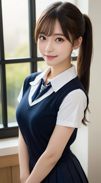 masutepiece, Best Quality, Illustration, Ultra-detailed, finely detail, hight resolution, 8K Wallpaper, Perfect dynamic composition, Beautiful detailed eyes, (japanese school uniform),Ponytail Hair,Small ,  natural color lip, Bold  poses,Smile, full body shot、20 years girl、Cute、Sexy shot looking at camera