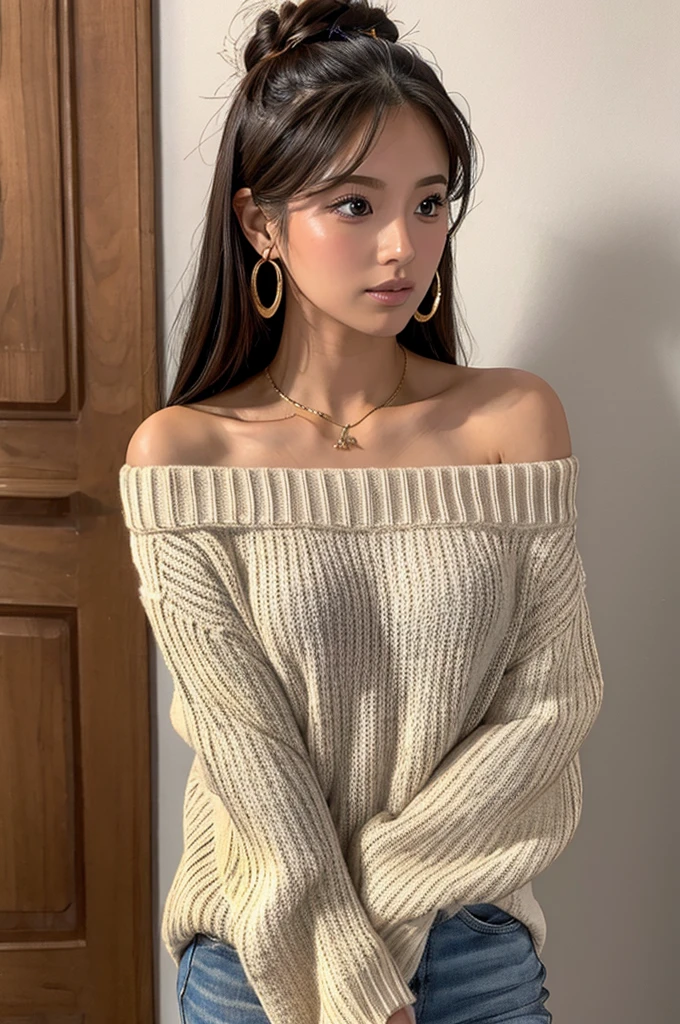 ((Highest quality)), ((masterpiece)), (detailed), One girl, Off-the-shoulder sweater, 