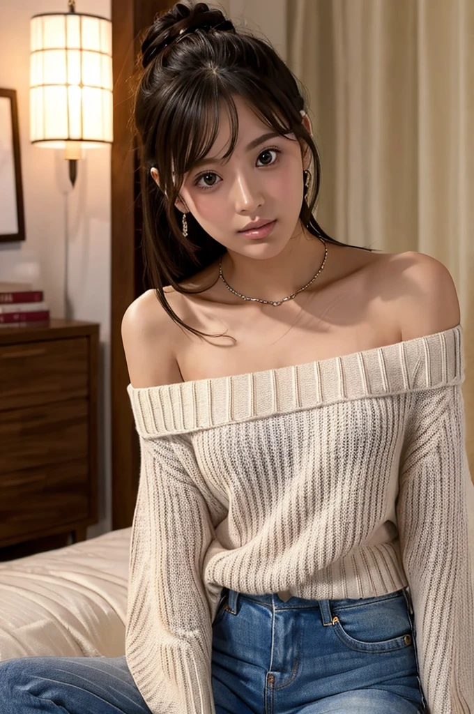 ((Highest quality)), ((masterpiece)), (detailed), One girl, Off-the-shoulder sweater, 