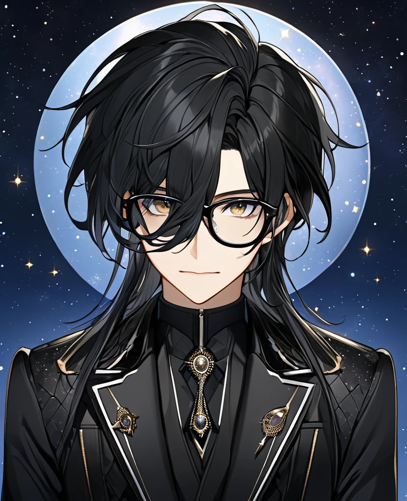 (black_hair), (black_eyes), (detailed_eyes), (attractive), (Space_background), (male), (wearing _a_black_suit), (long_male_hair), (detailed_Hair), (detailed), (detailed_mouth), (wears_glasses)