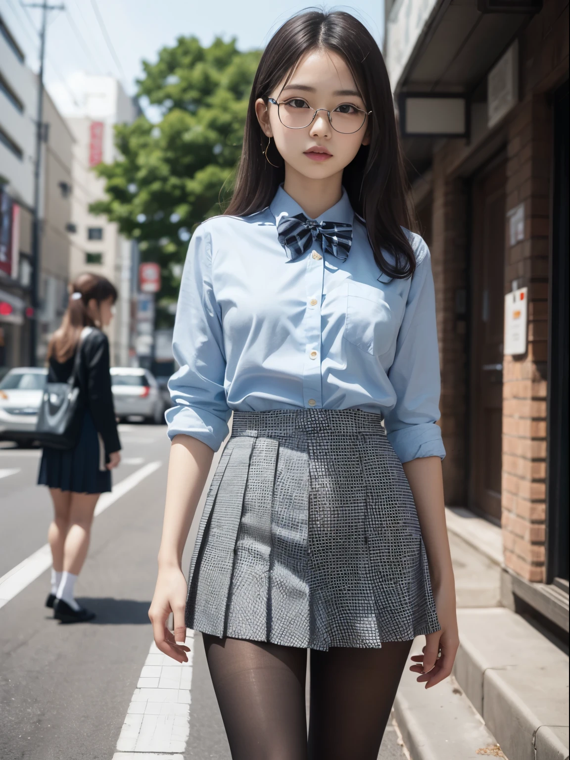 (8K、生photograph、Highest quality、masterpiece:1.2),(Small breasts)、(Small breasts)、(Small breasts)、(Small breasts)、Look straight ahead、pupil,De Pere Blanca,(Black Pantyhose),Small face、Chest is petanko,前hairを真ん中から分ける,The forehead is visible,(business,Glare,strong,Are thin,Irritation)、masterpiece,Highest quality,Ultra-high resolution,生photograph,even,beautiful、One person,One person,Glasses,,Strong face、丸Glasses、cute、JK、high school girl、Japanese women、Are standing、(PhotoReactive:1.37)、Photon Mapping、Light blue ribbon、Real、cute小さな顔、Brown eyes、Black socks、(Red bow tie)、Radio City、Physically Based Rendering、Prospect、Character boundary depth、Blurred Background、photograph、girl、body、Beautiful feet、Long legs、Thin legs、(前hairが見える)、hair、lips、blue_The目、Soft Nose、(Light blue shirt)、Navy and blue checkered pleated skirt、I can see your knees、See-through clothing、Thighs、black cotton socks、Nogizaka Idol、、Japan Ido