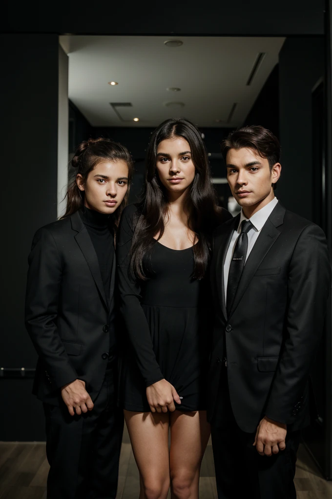 studio photo of a small family consisting of 4 people with a black royal theme. a 60-year-old father wearing a black suit, an 18 year old girl wearing a black dress with straight, loose hair, a mother wearing a 40-year-old black dress with her hair in a bun, and an 8 year old boy wearing a black suit