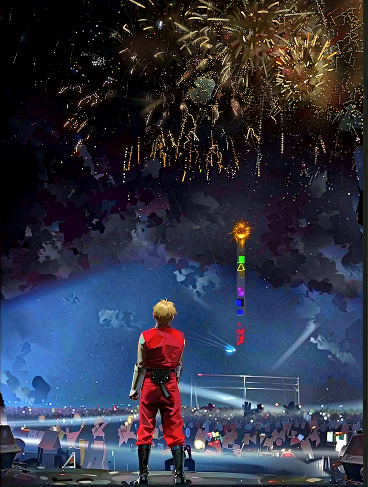 Fireworkss are lit up in the sky above a man in a red suit, 🚀🚀🚀, park Jimin, Jimin, Red sprites in the atmosphere, Fireworkss, Very very low quality image, He is performing lightning magic, Fireworks, Filmed in 2022, [ Fireworkss in the sky ]!!, nct group members, Epic Panorama, Fire