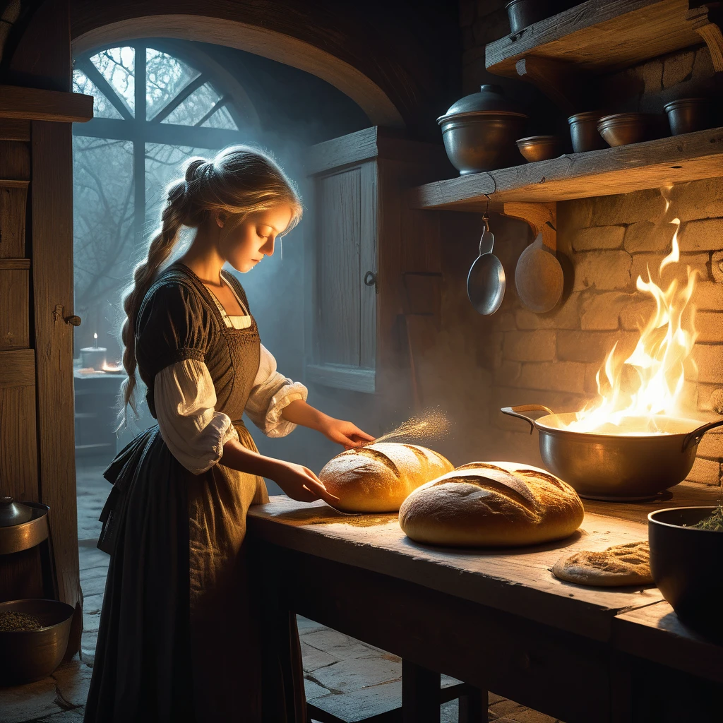 In the early light of dawn, the kitchen of the small, weather-beaten cottage comes to life with the gentle sounds of kneading dough and the comforting aroma of freshly baked bread. Standing at the wooden table, a young girl with flowing white hair cascading down her back is dressed in a somber black gown, adorned with intricate patterns of silver thread that glint faintly in the soft glow of the hearth fire.
Her slender hands, deft and practiced, work the dough with a rhythmic grace, the movements a reflection of years spent honing this ancient craft. The flickering light casts dancing shadows on the rough-hewn stone walls adorned with dried herbs and hanging pots.
Outside, beyond the cottage's sturdy oak door, lies a world cloaked in mist and mystery, where ancient forests harbor unseen dangers and whispered legends echo through the ages. Yet within these humble walls, amidst the warmth of the kitchen and the reassuring crackle of the fire, the girl finds solace in the simple rituals of daily life—each loaf of bread a testament to resilience and survival in a realm where darkness and magic intertwine.
As she continues her task, a distant howl pierces the morning air, a reminder of the perils lurking beyond the cottage's threshold. But for now, in this quiet sanctuary, she savors the fleeting tranquility of the kitchen, where even in the darkest of times, the aroma of freshly baked bread offers a glimpse of hope and a taste of home in this medieval dark fantasy world