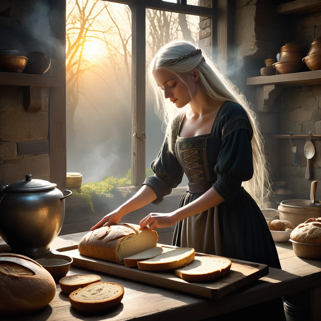 In the early light of dawn, the kitchen of the small, weather-beaten cottage comes to life with the gentle sounds of kneading dough and the comforting aroma of freshly baked bread. Standing at the wooden table, a young girl with flowing white hair cascading down her back is dressed in a somber black gown, adorned with intricate patterns of silver thread that glint faintly in the soft glow of the hearth fire.

Her slender hands, deft and practiced, work the dough with a rhythmic grace, the movements a reflection of years spent honing this ancient craft. The flickering light casts dancing shadows on the rough-hewn stone walls adorned with dried herbs and hanging pots.

Outside, beyond the cottage's sturdy oak door, lies a world cloaked in mist and mystery, where ancient forests harbor unseen dangers and whispered legends echo through the ages. Yet within these humble walls, amidst the warmth of the kitchen and the reassuring crackle of the fire, the girl finds solace in the simple rituals of daily life—each loaf of bread a testament to resilience and survival in a realm where darkness and magic intertwine.

As she continues her task, a distant howl pierces the morning air, a reminder of the perils lurking beyond the cottage's threshold. But for now, in this quiet sanctuary, she savors the fleeting tranquility of the kitchen, where even in the darkest of times, the aroma of freshly baked bread offers a glimpse of hope and a taste of home in this medieval dark fantasy world